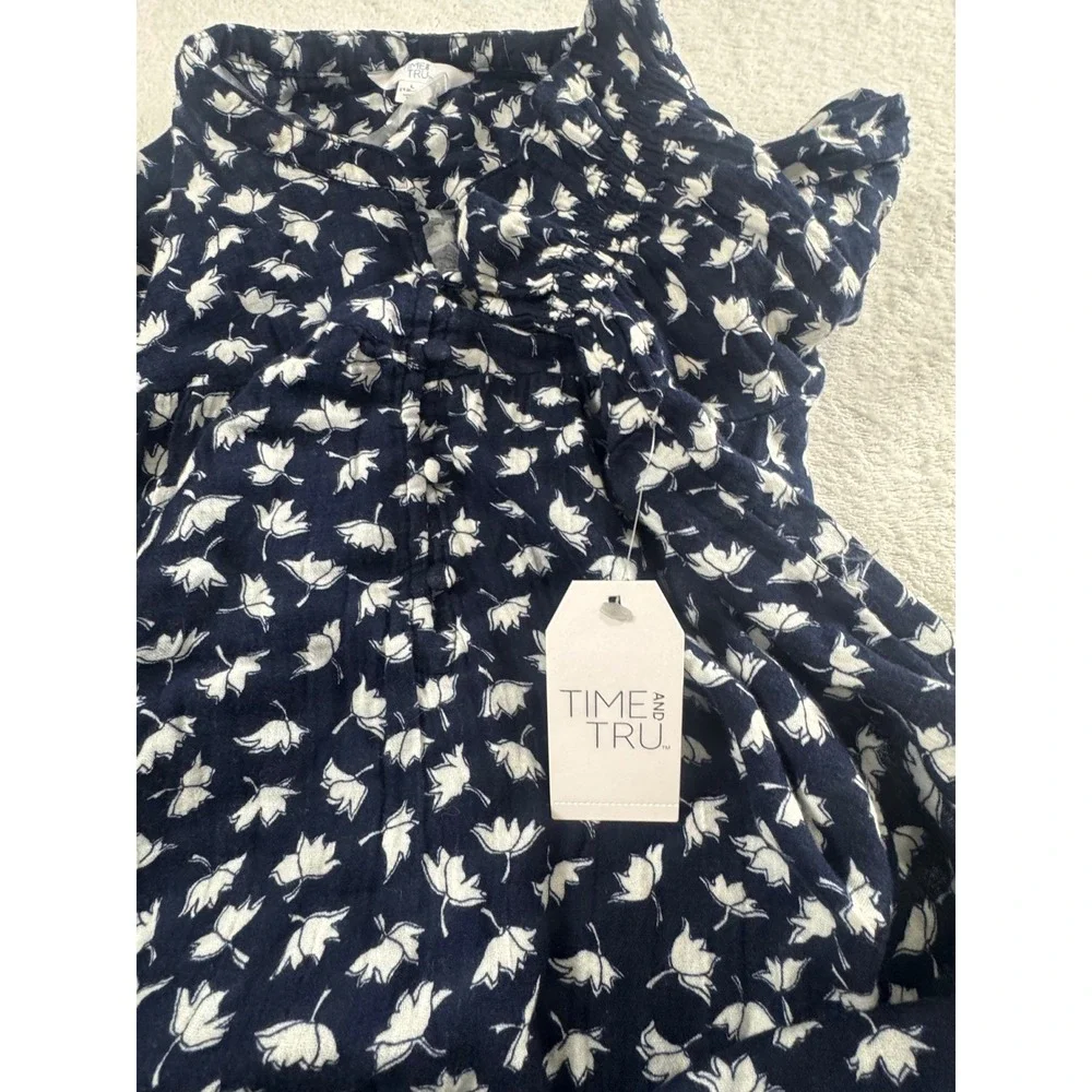 Time and Tru Navy Floral Smocked Drop Waist Cotton Mini Dress L 12-14